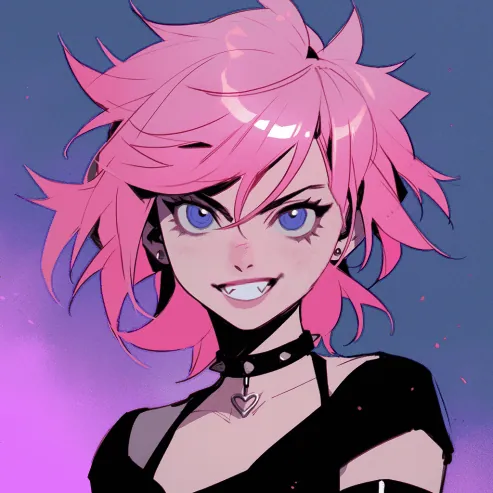 Anime-style portrait of Liz with spiky pink hair, blue eyes, a fanged grin and a spiked choker