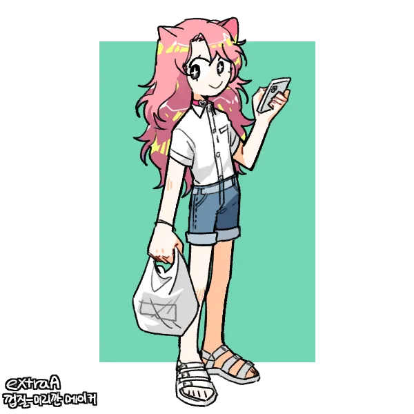 Picrew drawing of Liz with long pink hair and cat ears, holding a phone and a grocery bag