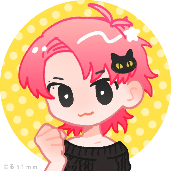 Chibi Picrew drawing of Liz with pink hair and a black cat hair clip, on a yellow polka-dot background