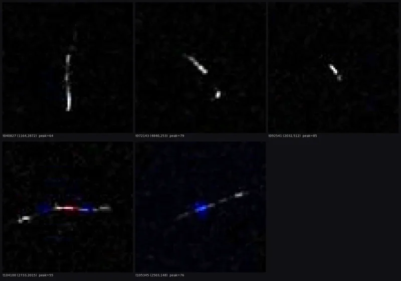 A grid of black camera frames with small bright dots and streaks left by muons